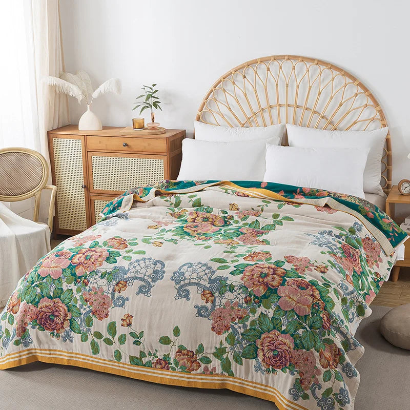 Wild Garden Boho Cotton Blanket/Throw - Cream/Blush