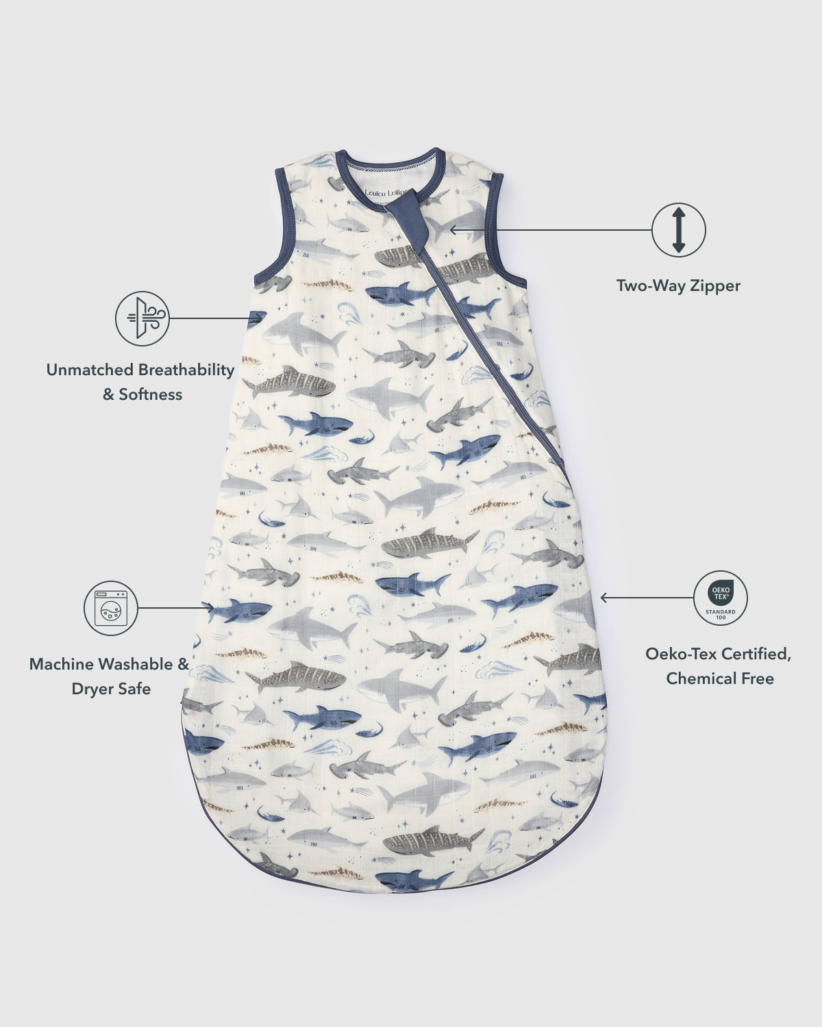 Baby Bamboo Muslin Sleep Sack 0.5 TOG - Smiley Sharks
