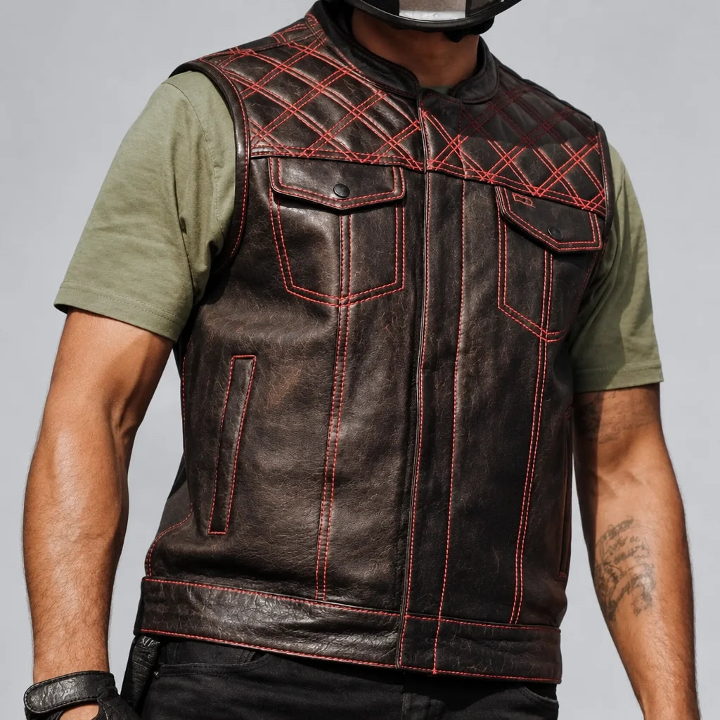 Open Road Men's Upside Leather Vest with Stitched Diamonds