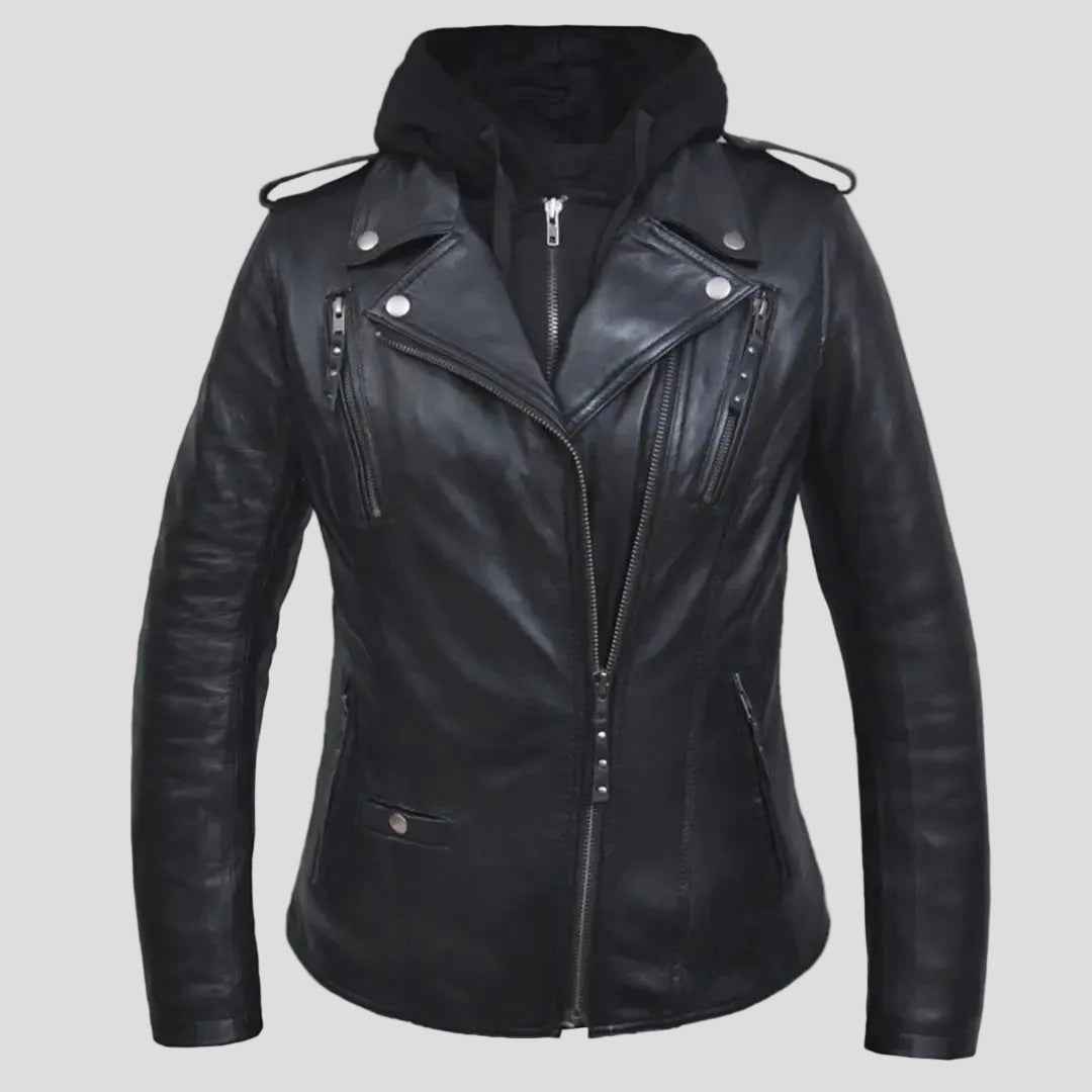Open Road Women's Hooded Classic Leather Motorcycle Jacket