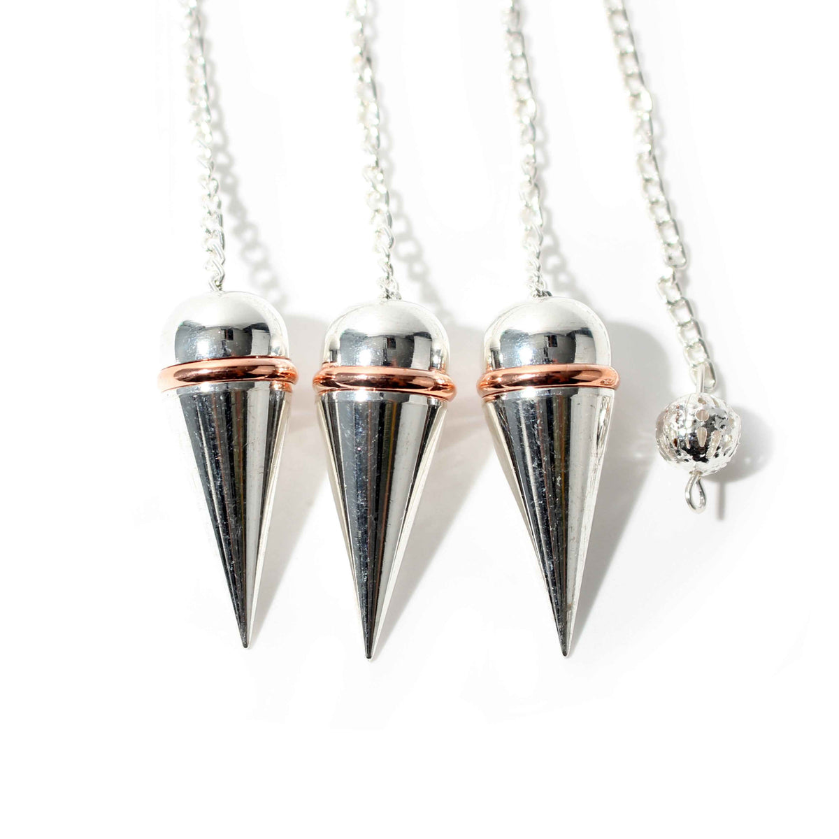 Silver Colour Metal Secret Chamber Point Pendulum with Copper Ring and Chain - 3 Pack