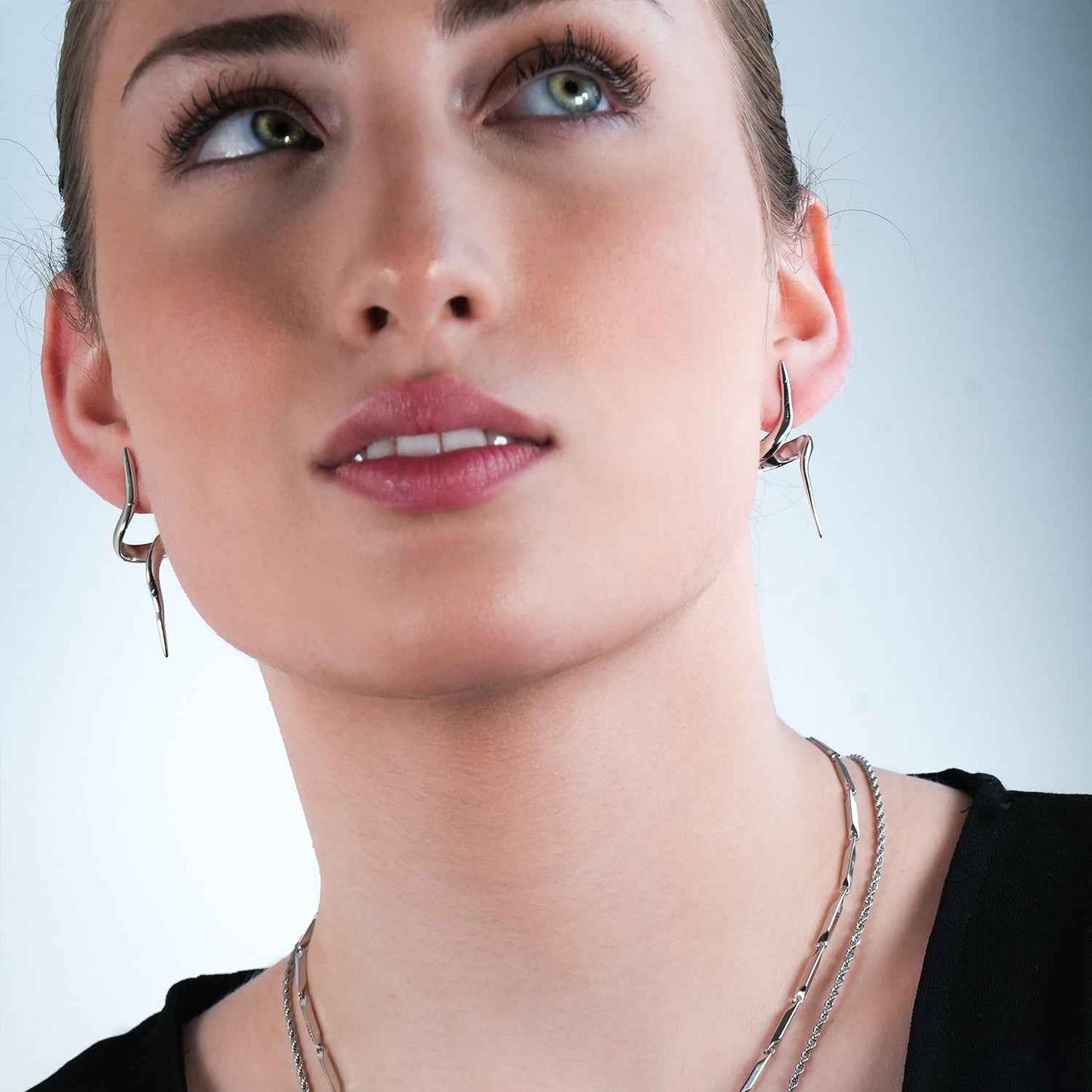 PORTNA Silver (White Gold): Sculptural Serpent Curve Earrings