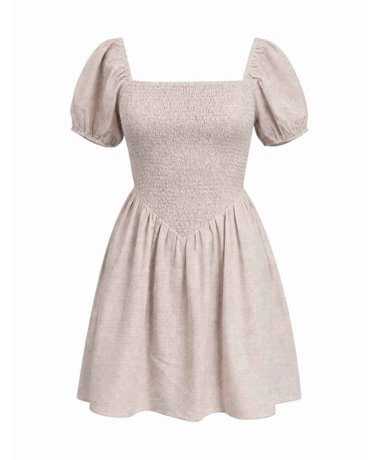 Ramona - Smocked Puff Sleeve Square Neck Dress Tan Gingham