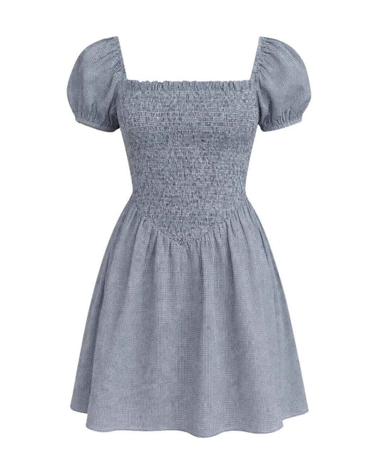 Ramona - Smocked Puff Sleeve Square Neck Dress Black Gingham
