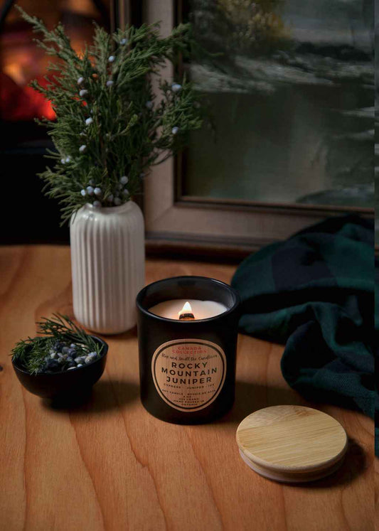 Rocky Mountain Juniper:  wood wick soy candle 8oz