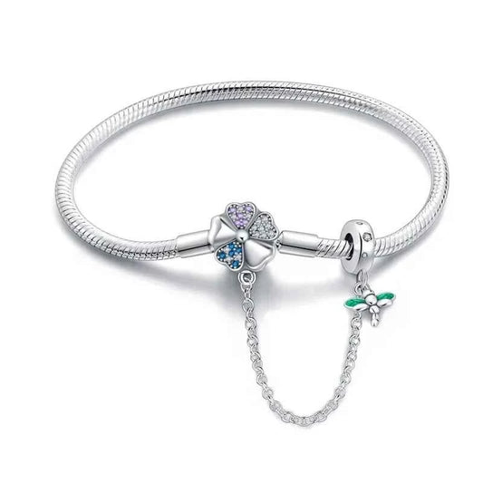 Sterling Silver Clover & Dragonfly Charm Bracelet with Safety Chain