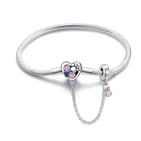 Sterling Silver Heart Paw Print Charm Bracelet with Safety Chain