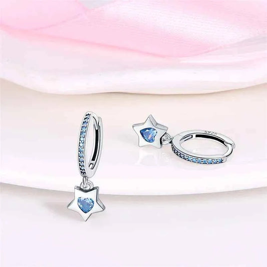 Celestial Charm Sterling Silver Hoop Earrings With Blue Star And Heart