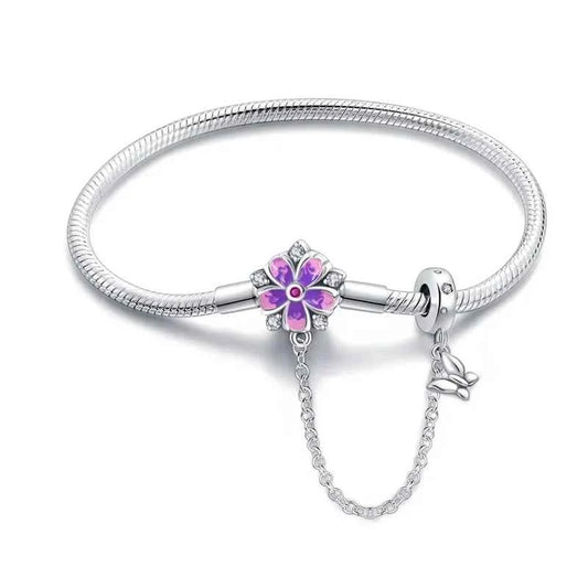 Sterling Silver Floral Charm Bracelet with Safety Chain