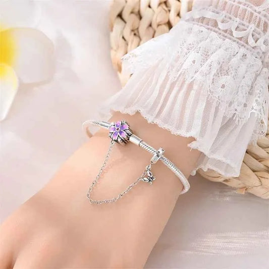 Sterling Silver Floral Charm Bracelet with Safety Chain