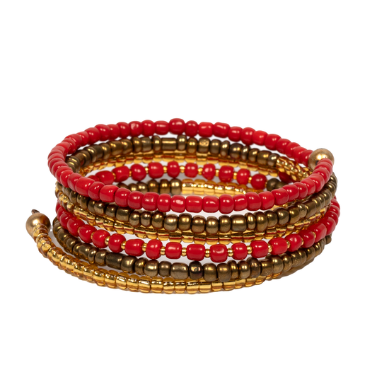 Spiral Bead Bracelet In Red & Gold