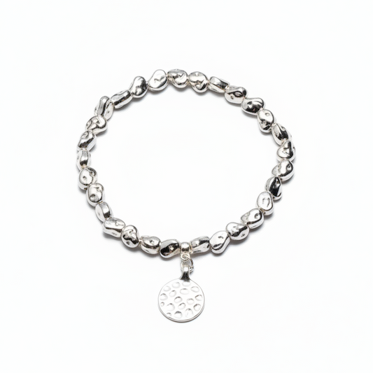 Beaten Circle Charm Nugget Bracelet in Silver Plate