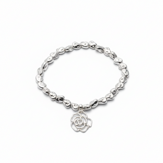 Rose Charm Nugget Bracelet in Silver Plate