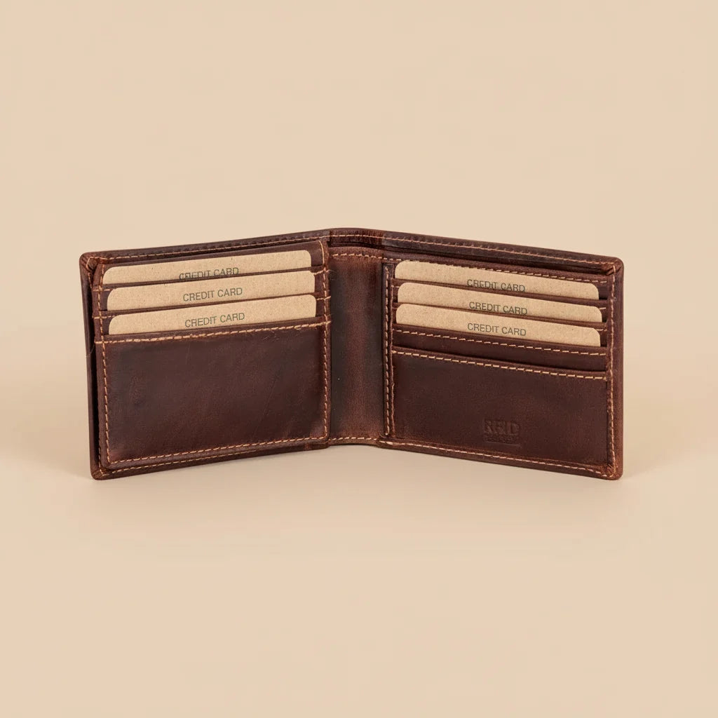 Greenwood Men's Leather Bifold Wallet. Premium RFID Protection Wallet with Flip Compartment