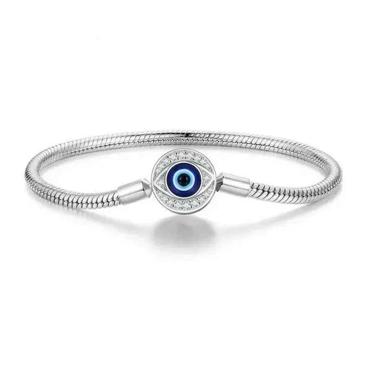Sterling Silver Evil Eye Charm Bracelet with CZ – Snake Chain
