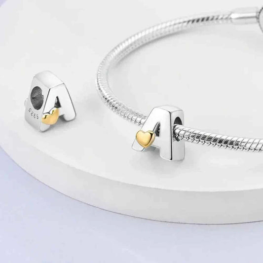 925 Sterling Silver Initial Charm with Gold Heart
