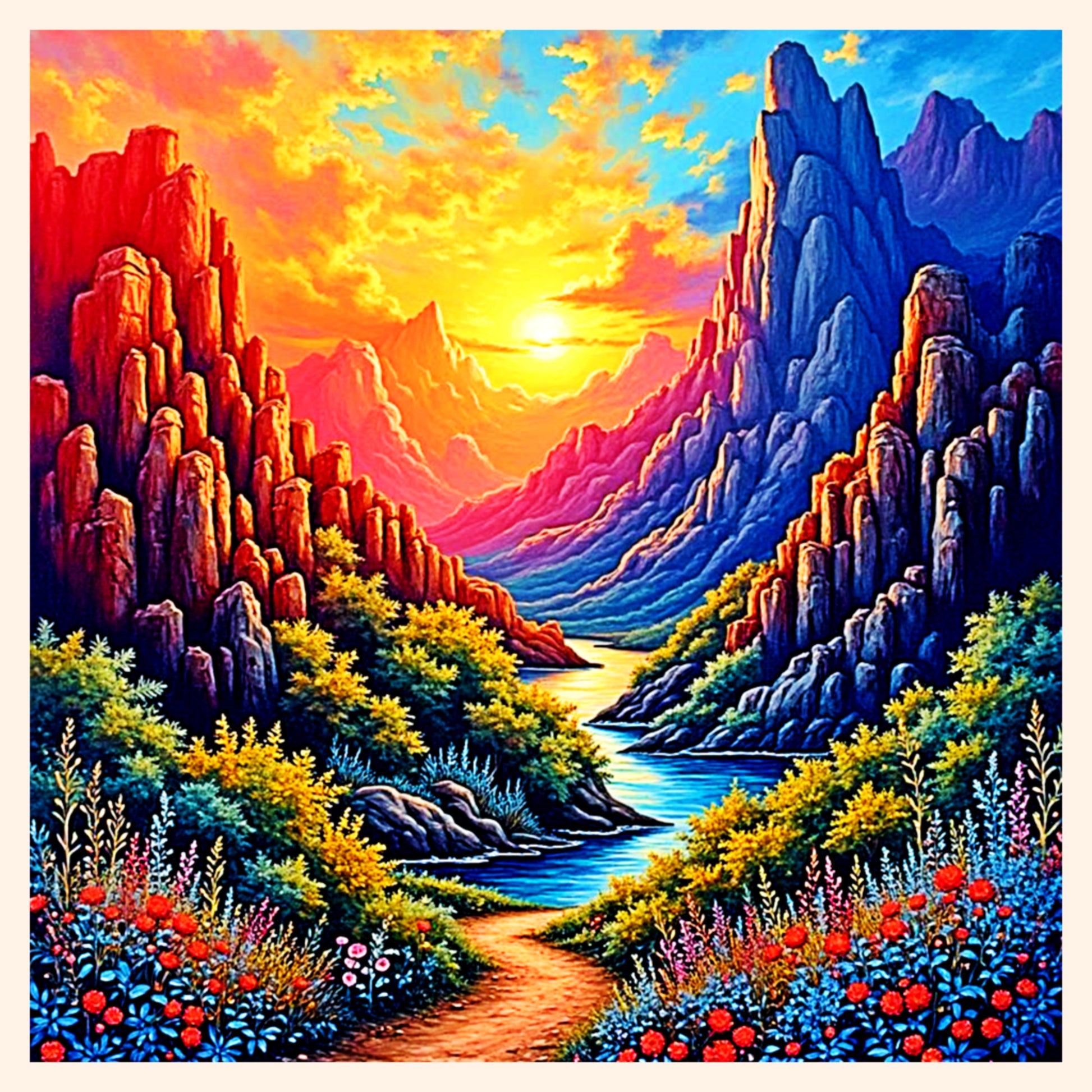 Vibrant Mountain Canyon Sunset Digital Art – High-Res River Landscape - AURABAGS SHOP