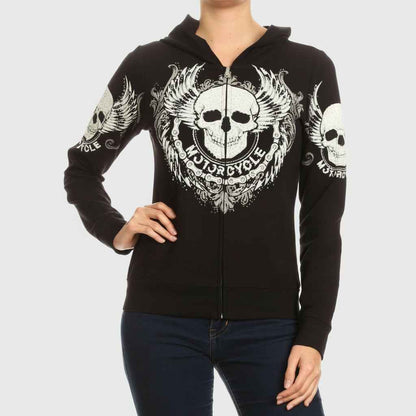 Women's Motorcycle Zip Up Hoodie with Rhinestone Skull & Wings