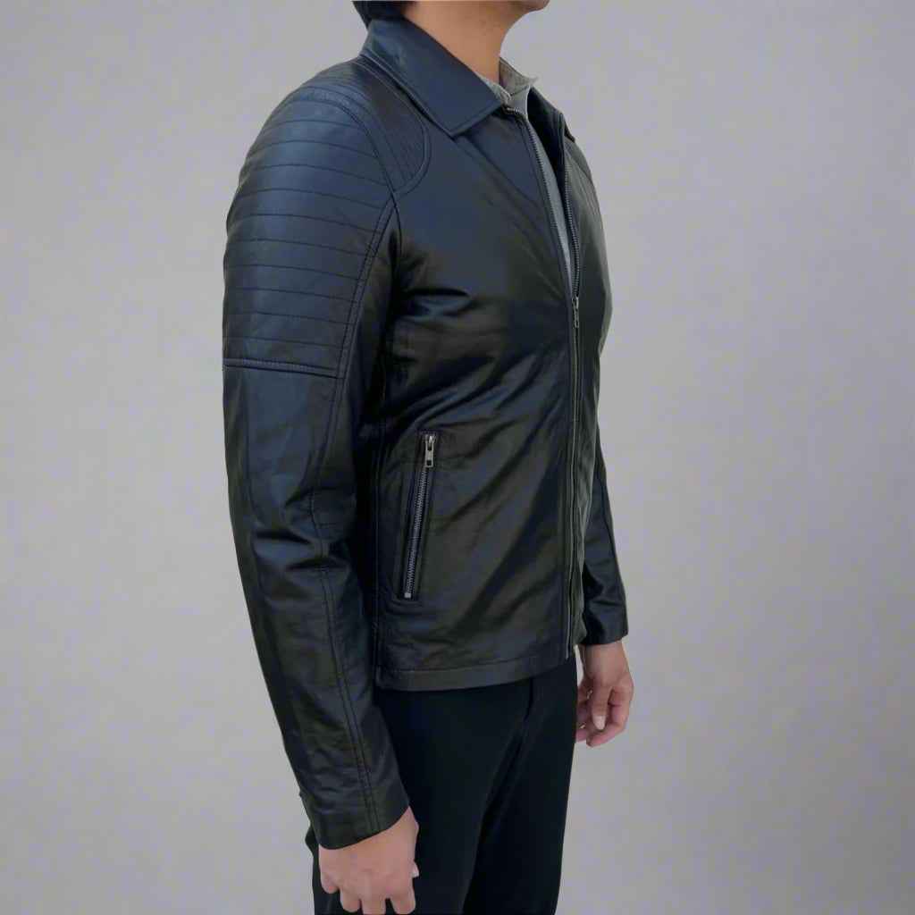 Men's Sheep Leather Jacket. Classic Quilted Shoulder Design with 2 Pockets