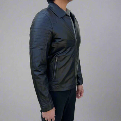 Men's Sheep Leather Jacket. Classic Quilted Shoulder Design with 2 Pockets