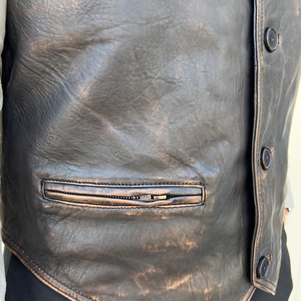 Men's Sheep Leather Ruboff Vest. Classic Button Closure & Front Pockets