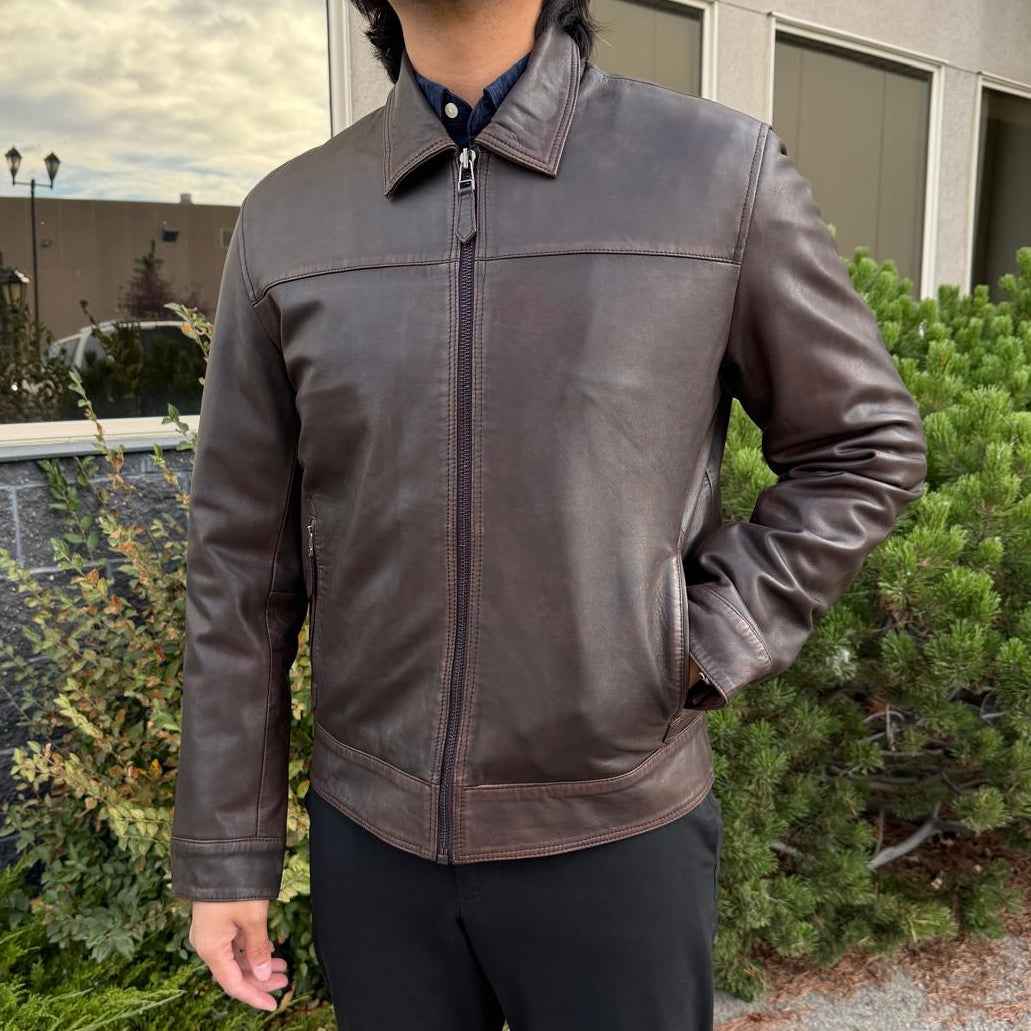Men's Lamb Leather Jacket. Brown Classic Fit with Full Zip & Side Pockets