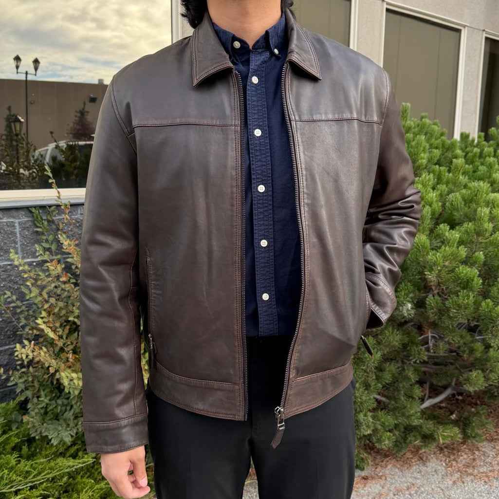 Men's Lamb Leather Jacket. Brown Classic Fit with Full Zip & Side Pockets
