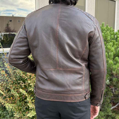 Men's Lamb Leather Jacket. Brown Vintage Style with Zip Pockets