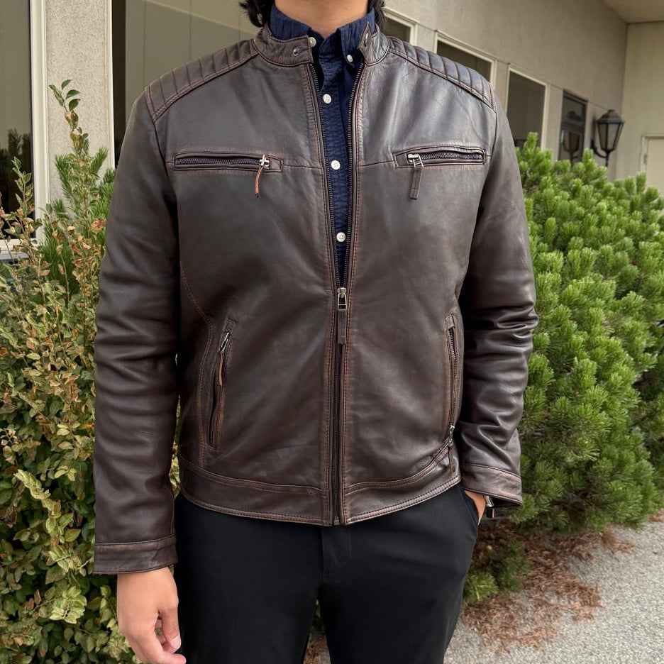 Men's Lamb Leather Jacket. Brown Vintage Style with Zip Pockets