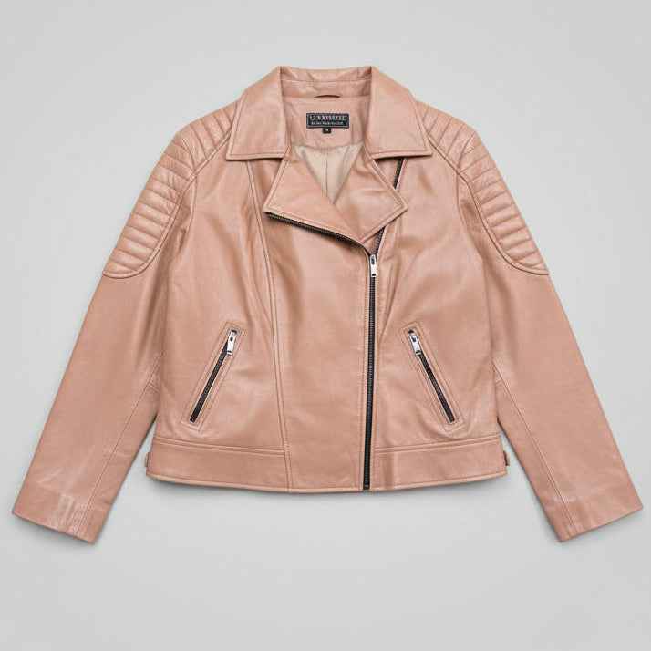 Women's Lamb Leather Biker Style Jacket with Quilted Ribbed Shoulders