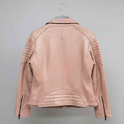 Women's Lamb Leather Biker Style Jacket with Quilted Ribbed Shoulders