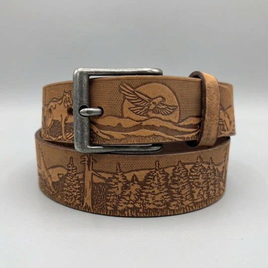 Keldon Men's Embossed Leather Belt with Wildlife Scene