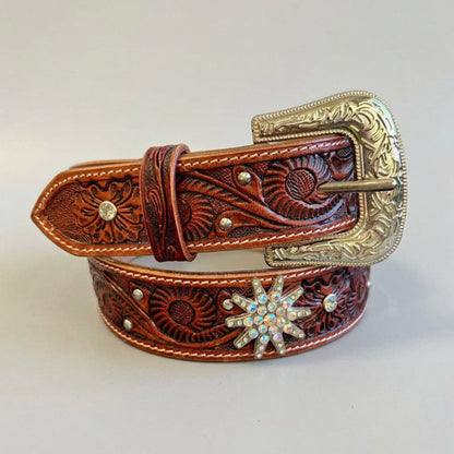 Women's Embossed Western Leather Belt with Bling Stars