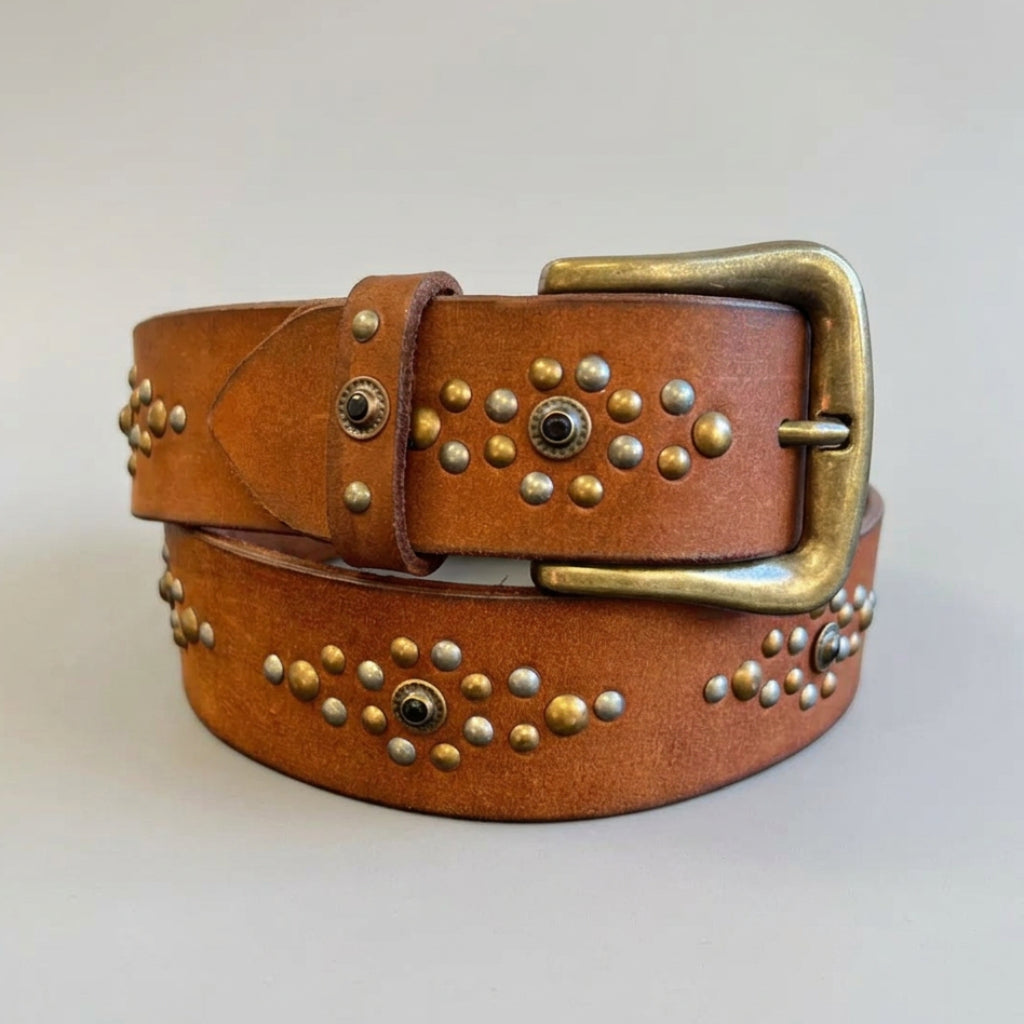 Women's Full Grain Leather Belt with Ornamental Stud Pattern