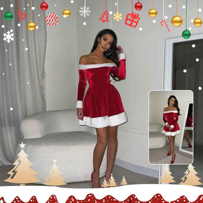 Women's Santa Costume Dress – Off-Shoulder Christmas Party Dress with Plush Trim