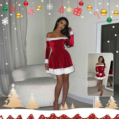 Women's Santa Costume Dress – Off-Shoulder Christmas Party Dress with Plush Trim