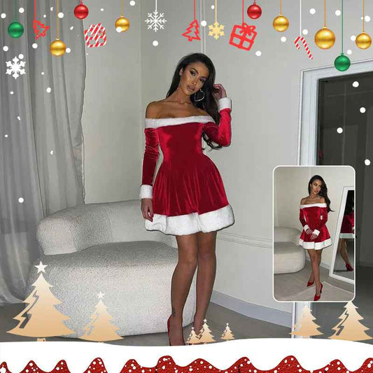 Women's Santa Costume Dress – Off-Shoulder Christmas Party Dress with Plush Trim