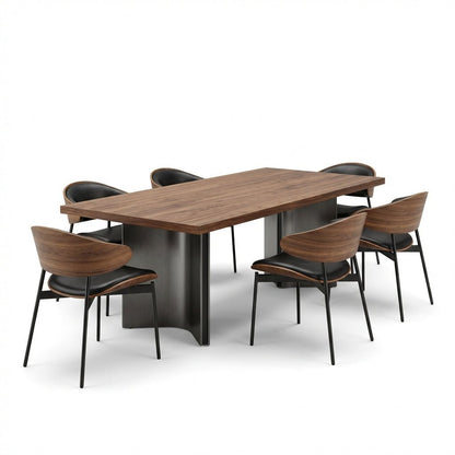 Aero Curve Walnut & Leather Dining Set with 6 Chairs