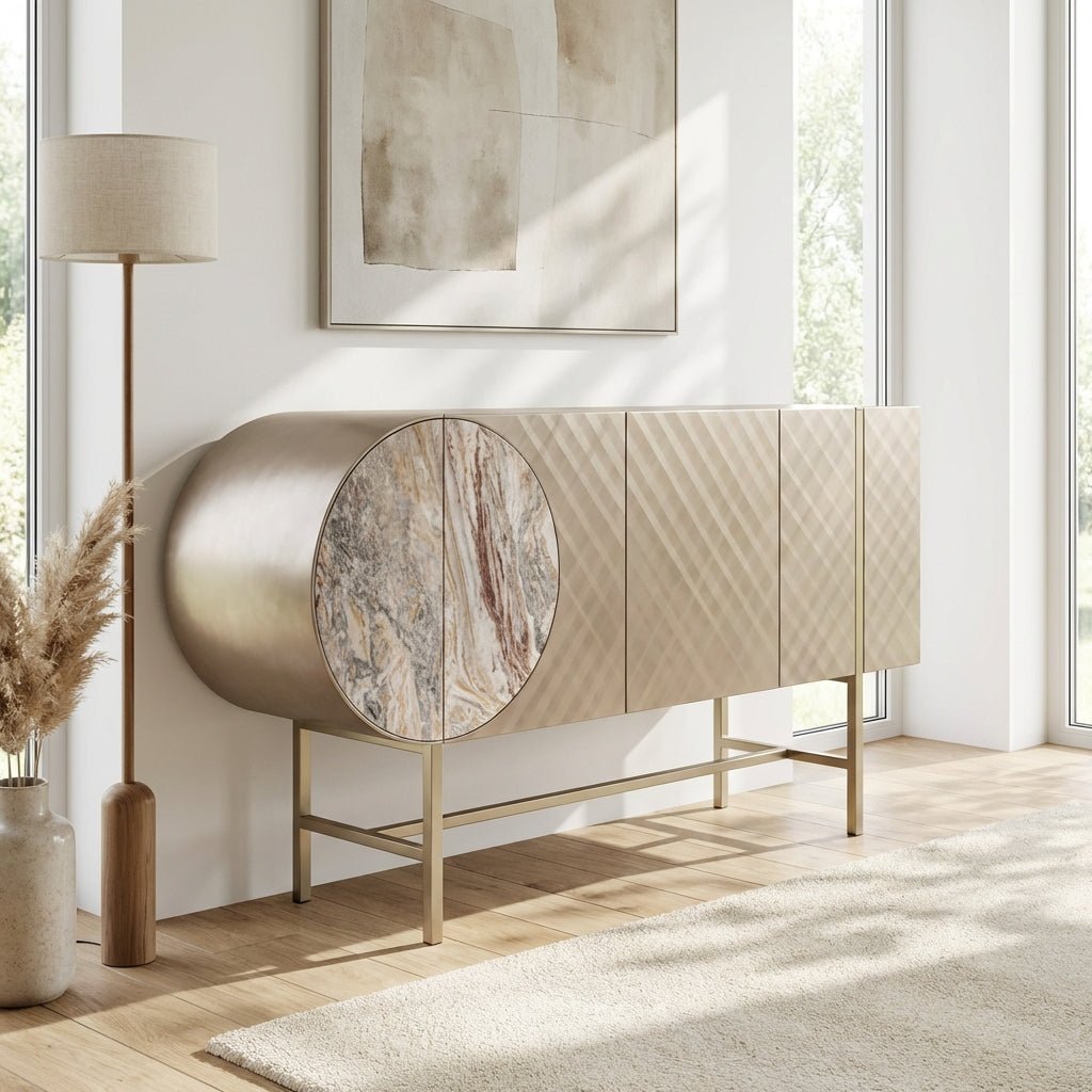 Art-déco-Metall-Sideboard mit Edelstahlfuß