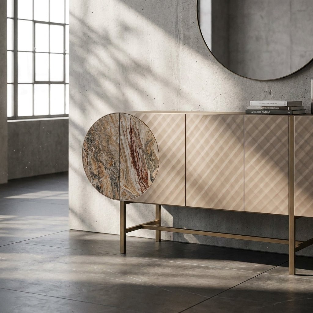 Art-déco-Metall-Sideboard mit Edelstahlfuß