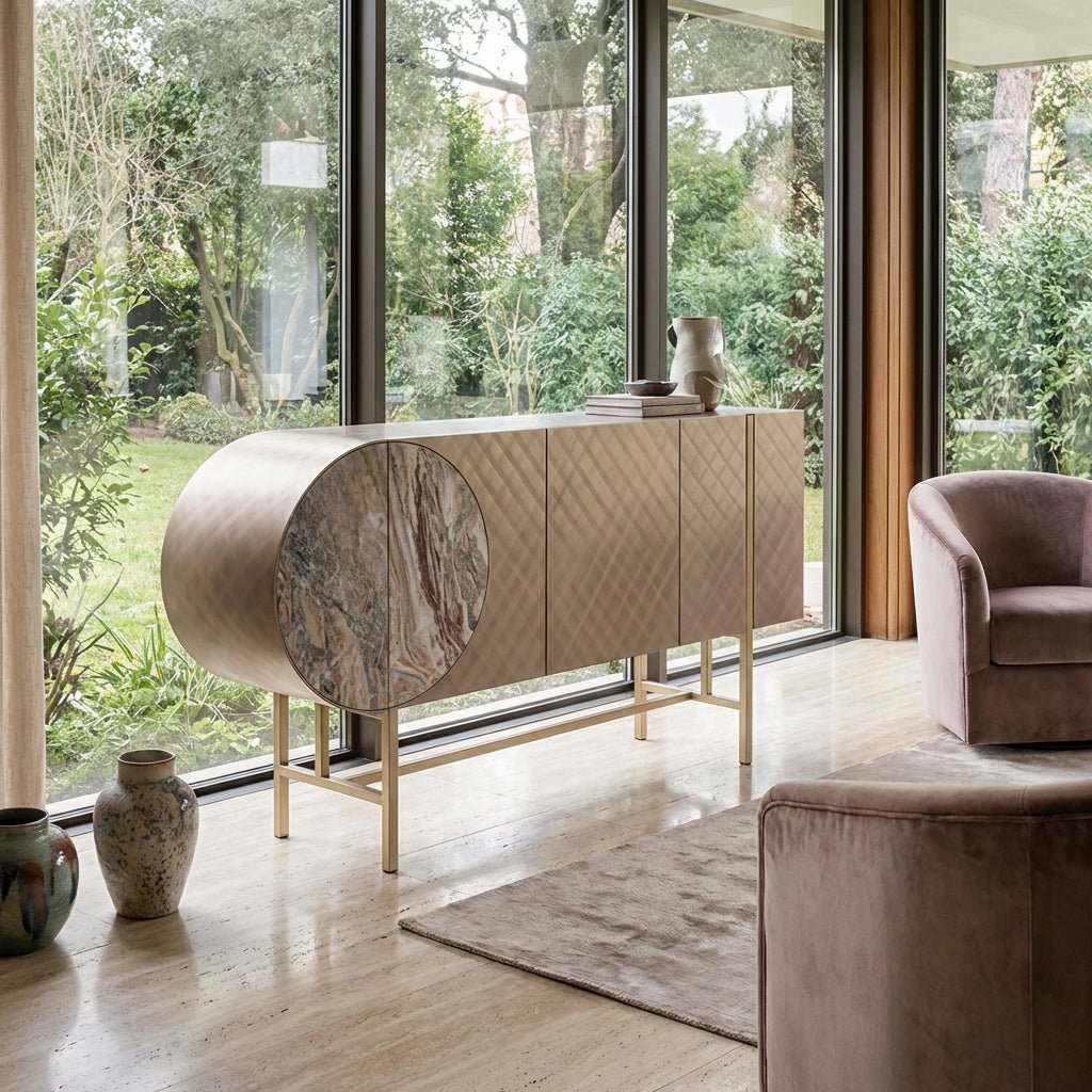 Art-déco-Metall-Sideboard mit Edelstahlfuß