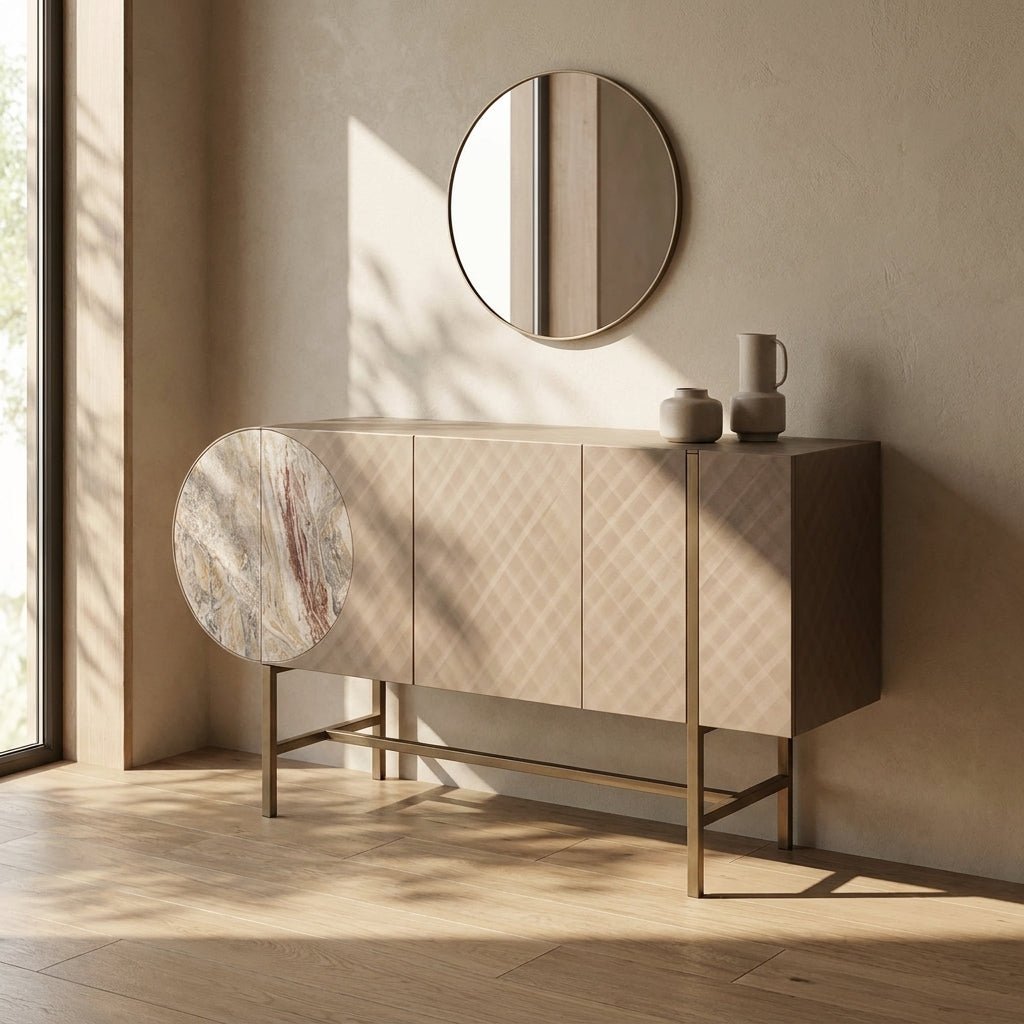 Art-déco-Metall-Sideboard mit Edelstahlfuß