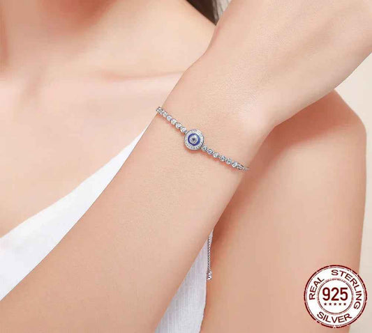 Sterling Silver Evil Eye Tennis Bracelet with CZ – Adjustable