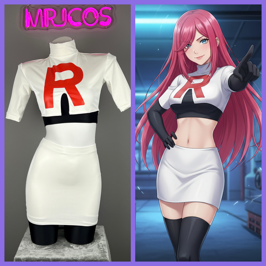 Anime Team Rocket Spandex Leather Cosplay Costume Set with Gloves and Skirt