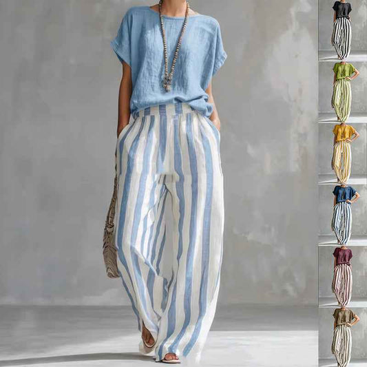 Women's Summer Two Piece Set – Short Sleeve Top with Striped Straight Leg Pants