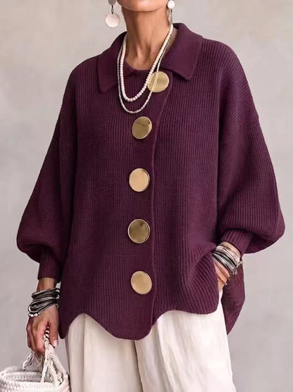 Women's button-down knit cardigan in purple with gold buttons