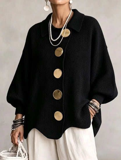 Women's button-down knit cardigan in black with gold buttons