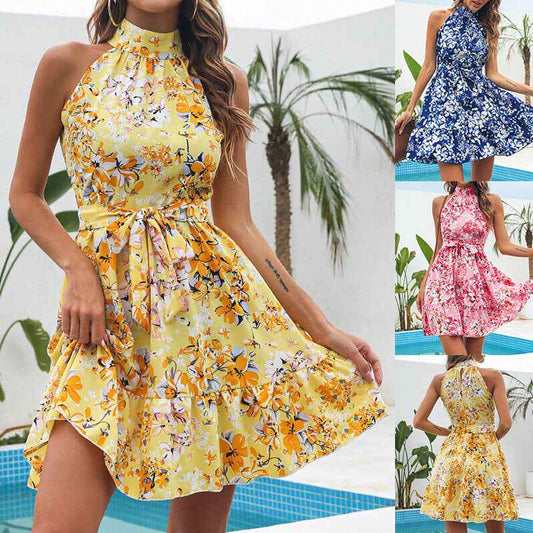 Women's Floral Halter Dress – Summer Lace-Up Ruffle Maxi Dress