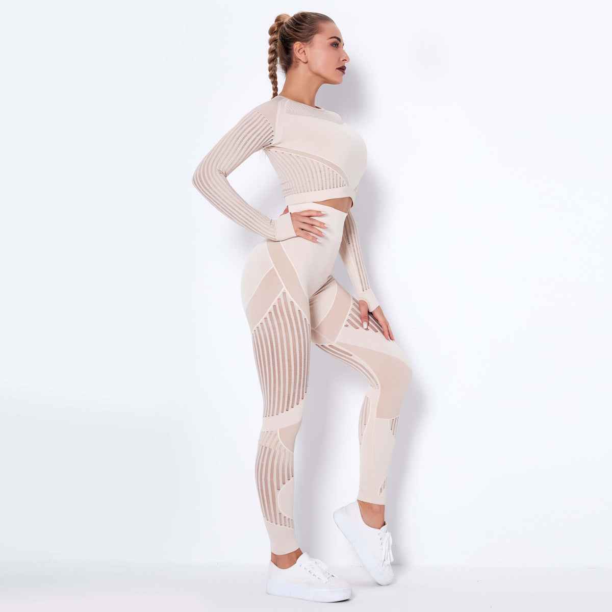 Women’s Seamless Knitted Long-Sleeve Yoga Set – Absorbent Workout Activewear