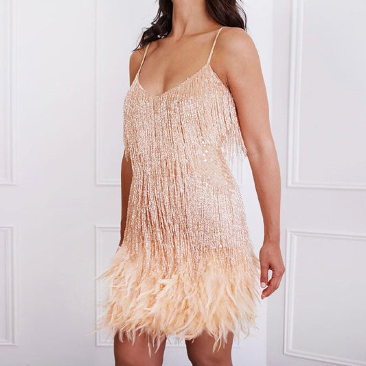 Women’s Sequin Feather Tassel Mini Dress – V-Neck Spaghetti Strap Evening Party Dress